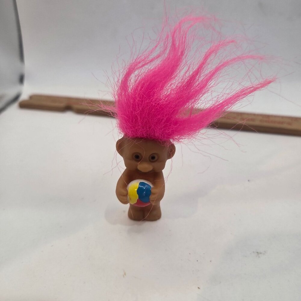 Troll Doll Brown 3in Pink Hair Ball Vintage Collectible Small Toy unmarlked